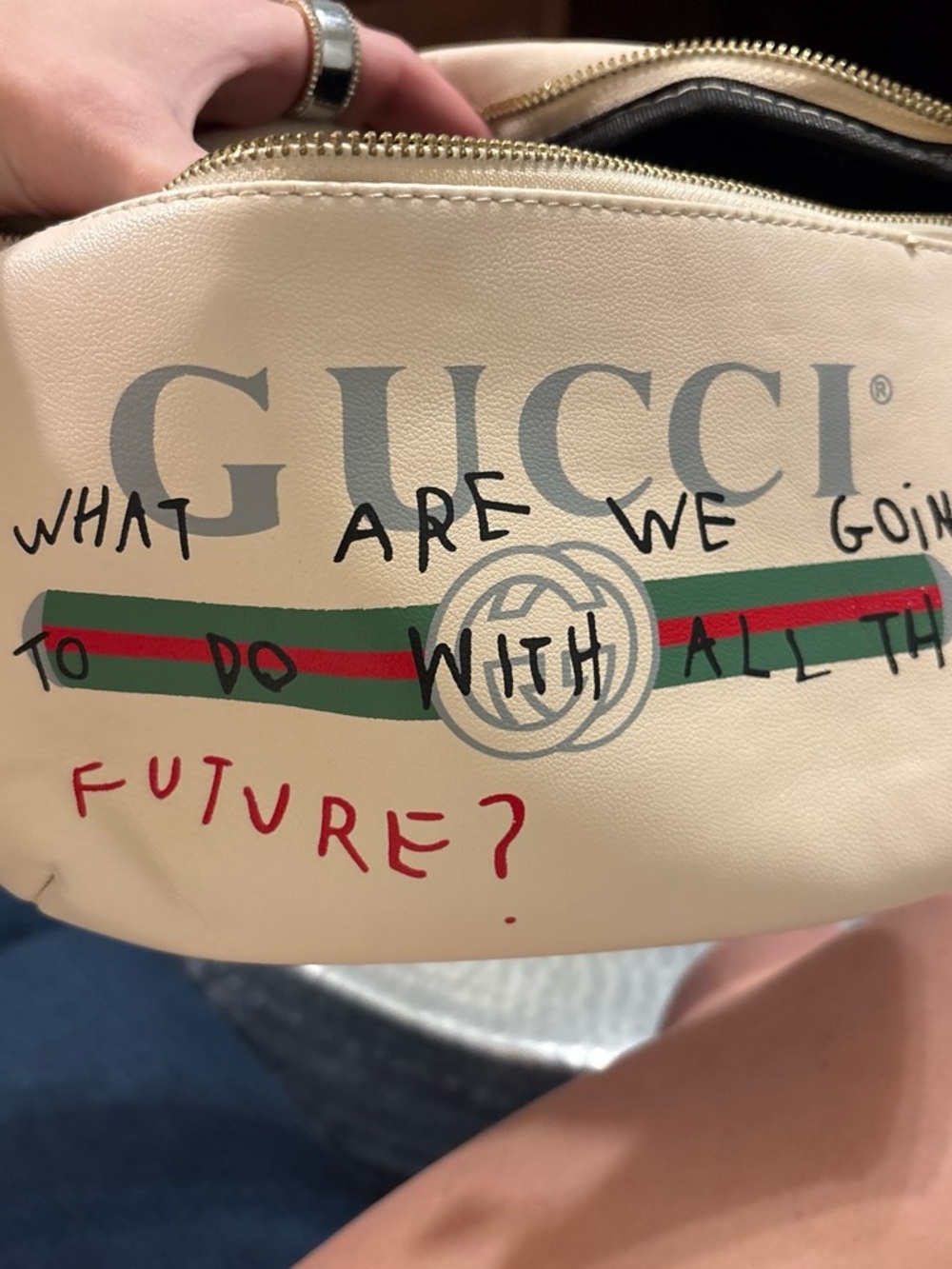 Gucci Beige Leather Cosmetic Pouch with Signature Green-Red Web and Script